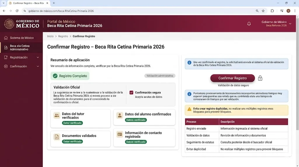 Confirmar registro beca Rita Cetina