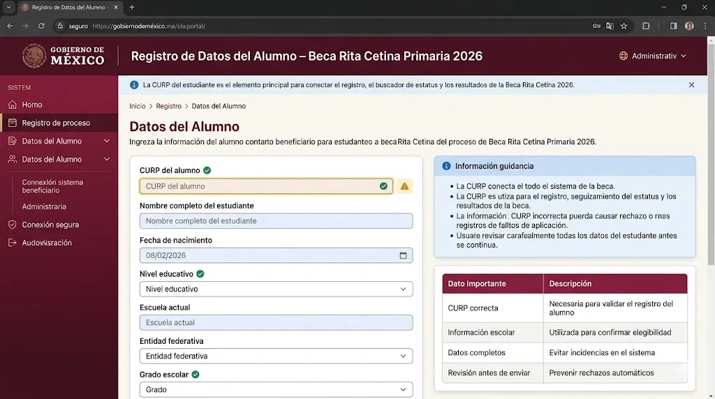 Datos del alumno beca Rita Cetina