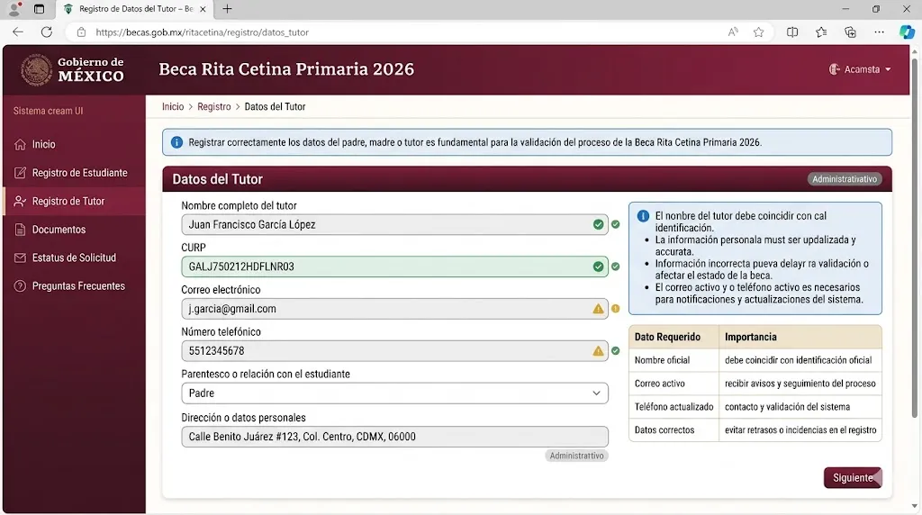Datos del tutor beca Rita Cetina