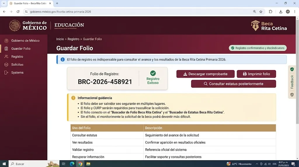 Guardar folio beca Rita Cetina