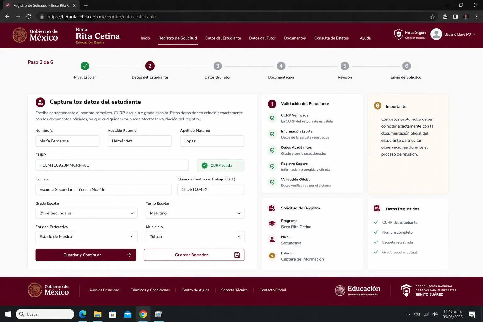Captura de datos del estudiante
