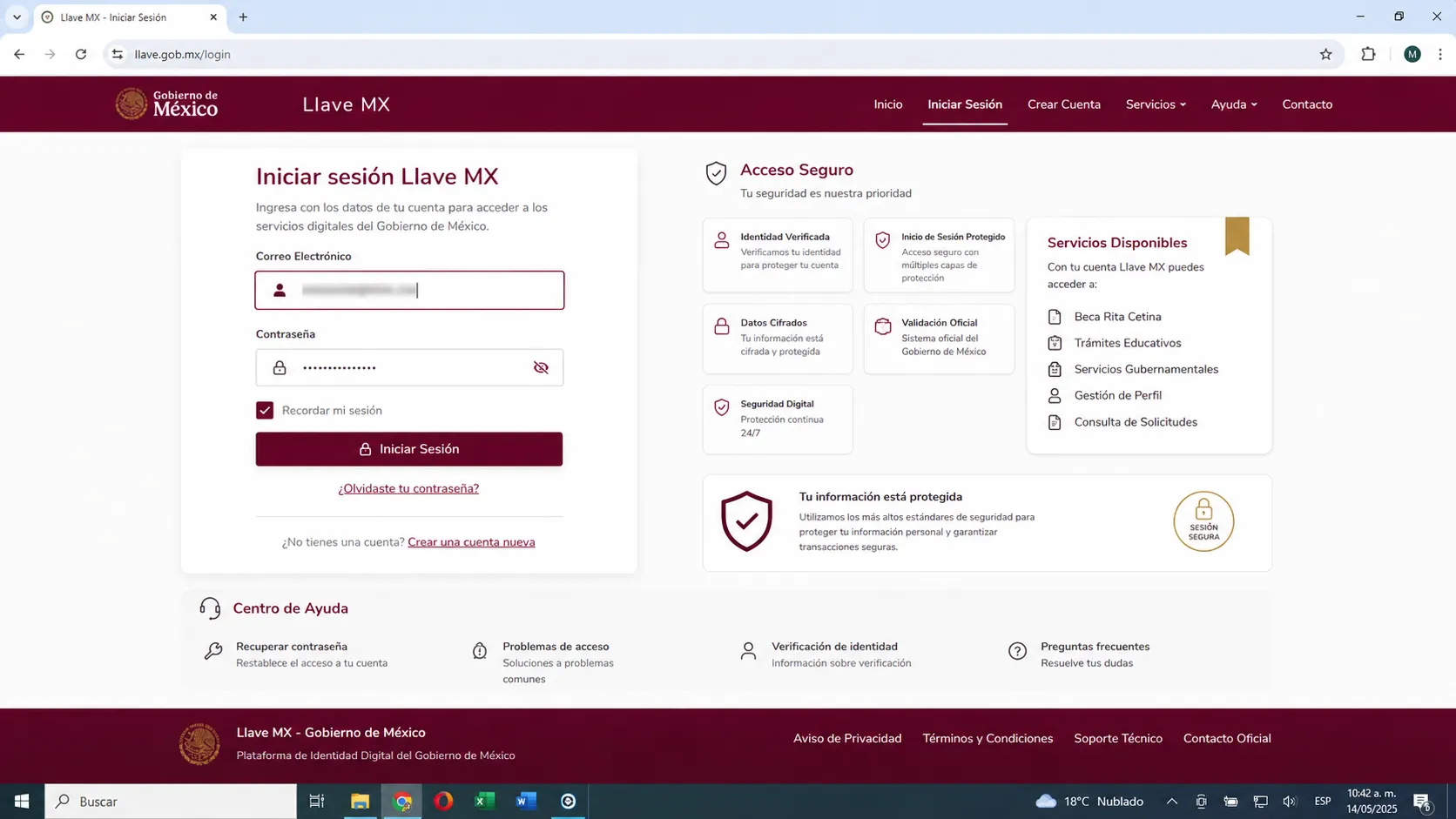 Opción iniciar sesión Llave MX