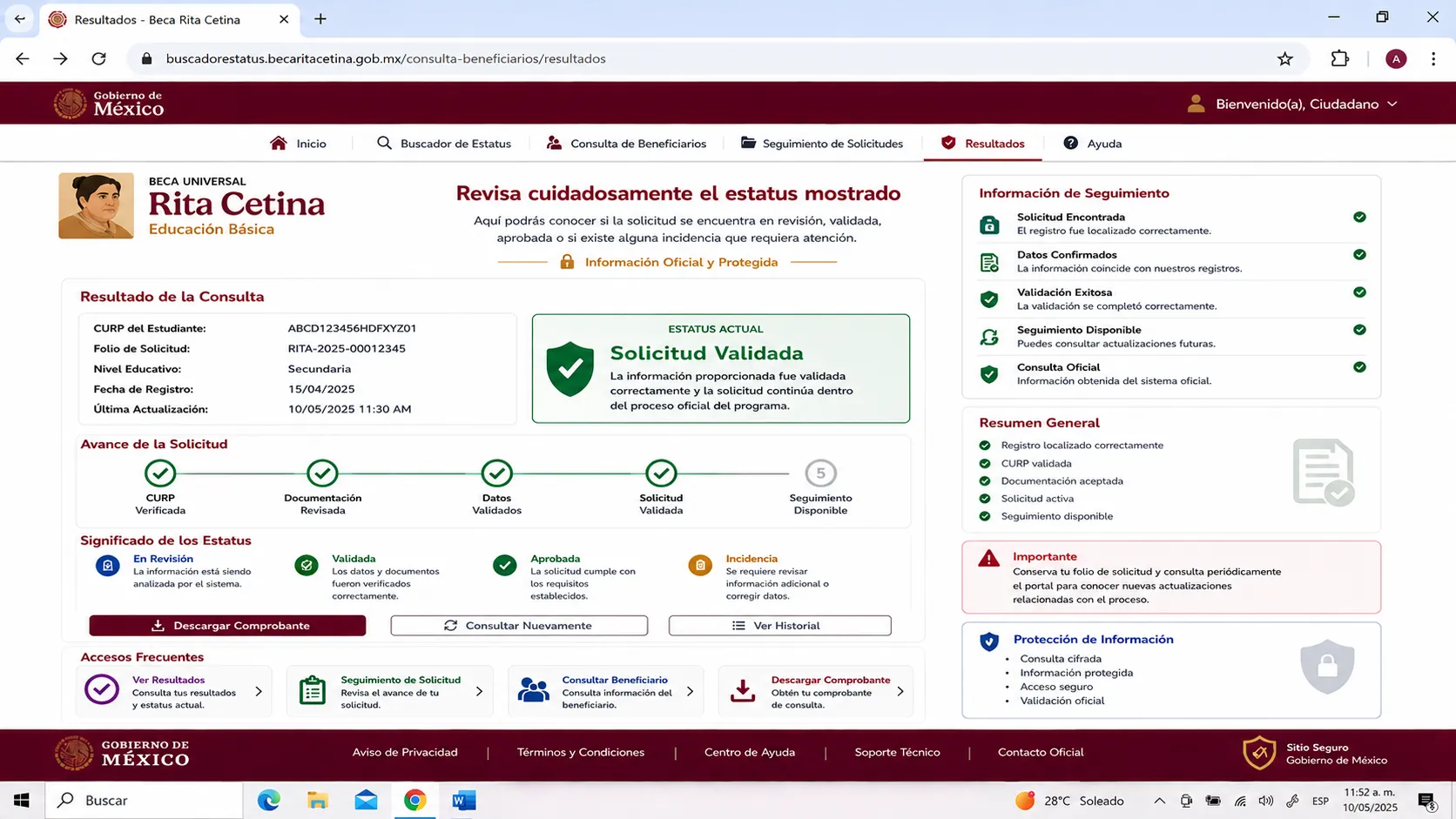 Revisa cuidadosamente el estatus
